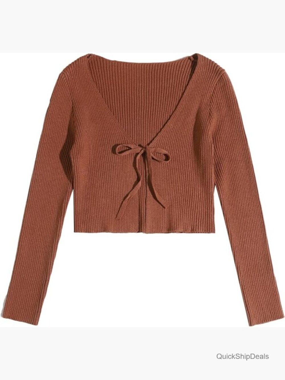 Tie Front Long Sleeve Rib Knit Shrug Sweater Cardigan Crop Top - Picture 1 of 6